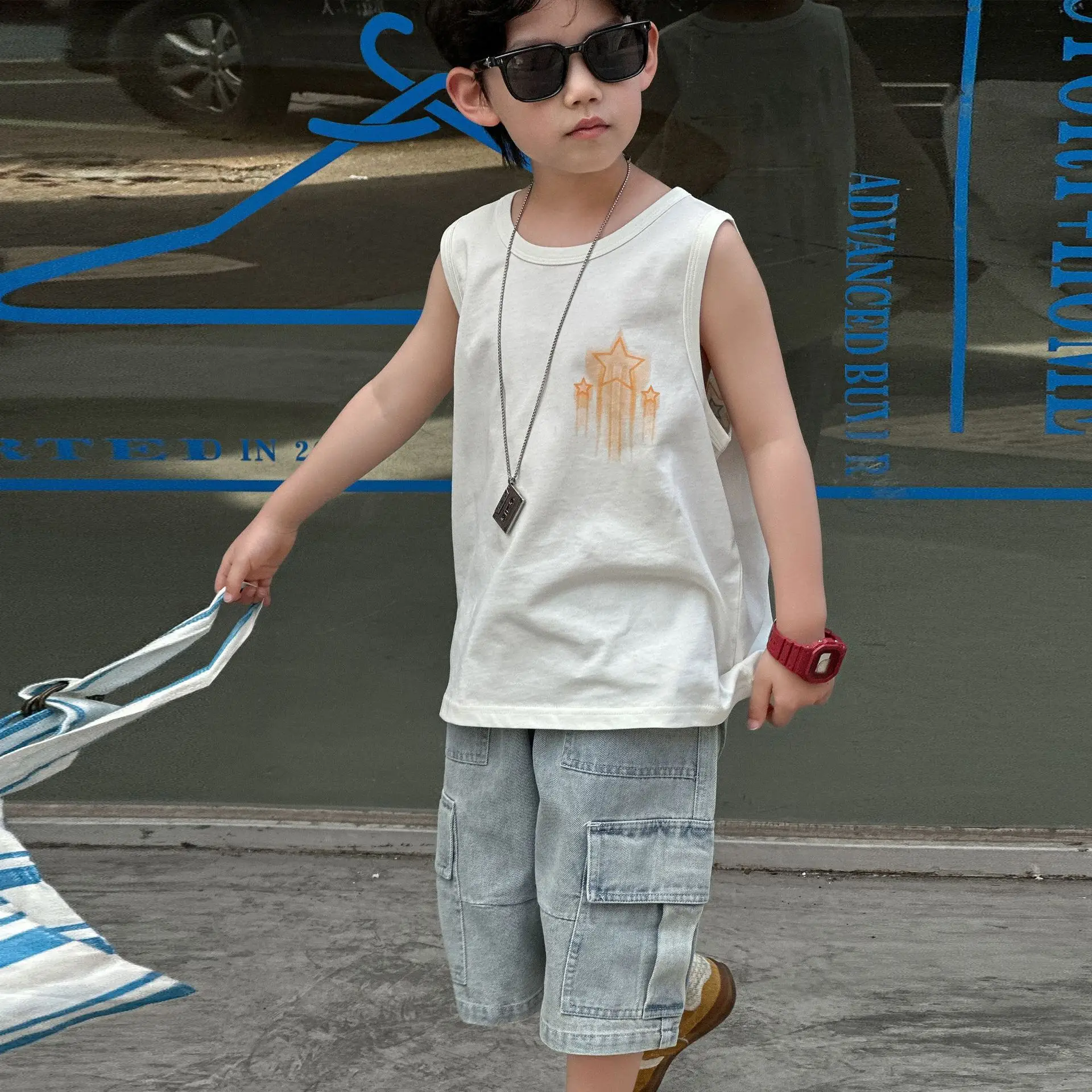 Kids White Graphic Sleeveless T-Shirt with Denim Shorts Medium — feature 12