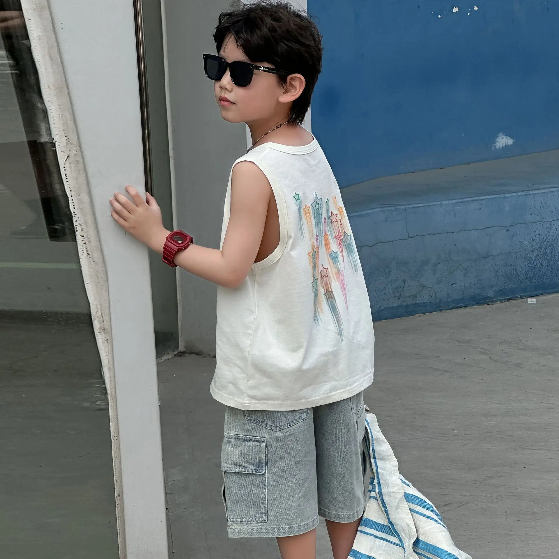 Kids White Graphic Sleeveless T-Shirt with Denim Shorts Medium — feature 13