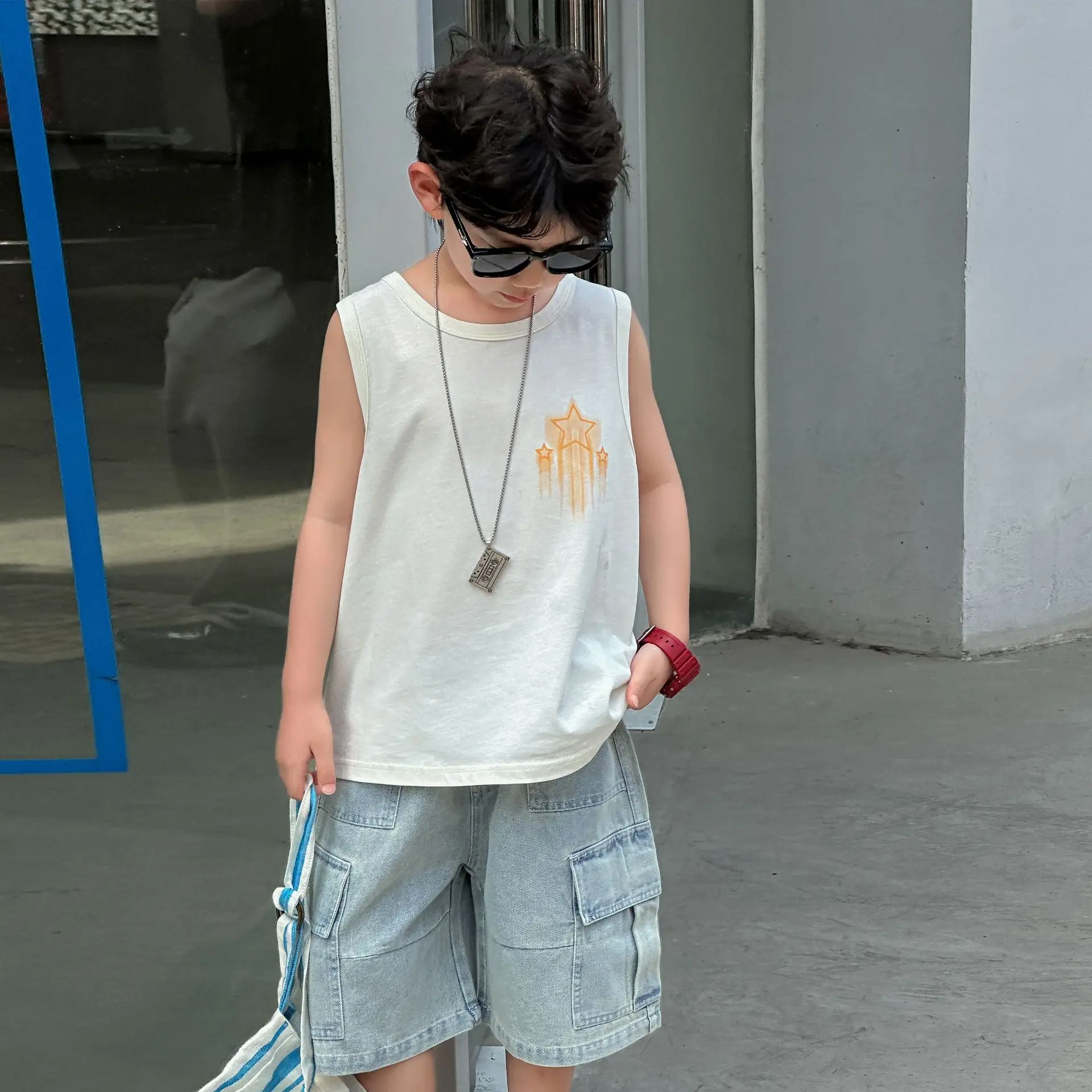 Kids White Graphic Sleeveless T-Shirt with Denim Shorts Medium — feature 2