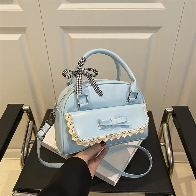 Light Blue Bow Bag with Lace Trim for Women - Image 5