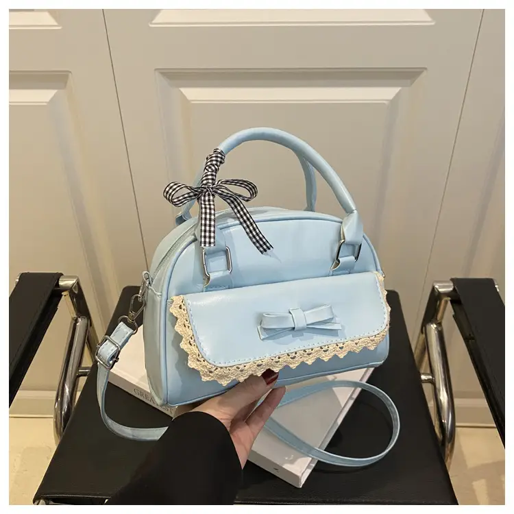 Light Blue Bow Bag with Lace Trim for Women - Image 3