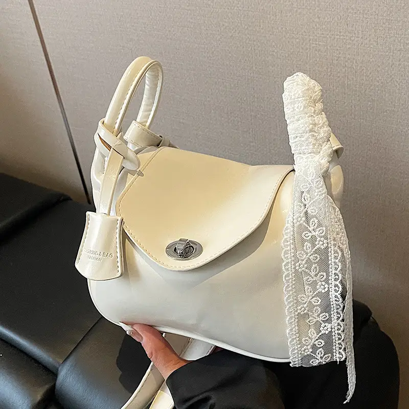 Women's Cream Leather Crossbody Bag with Lace Trim - Image 7