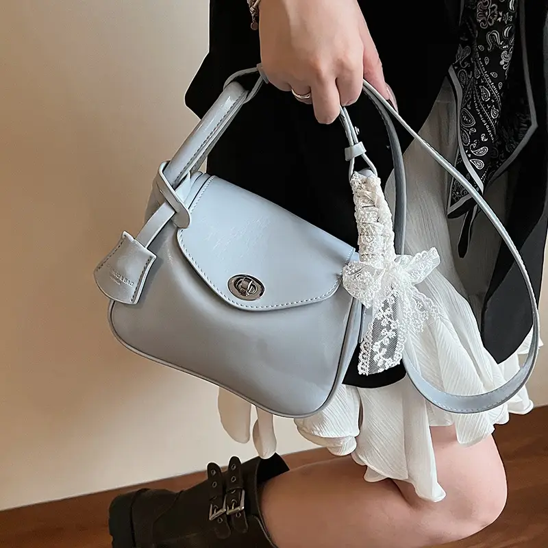 Women's Cream Leather Crossbody Bag with Lace Trim - Image 8