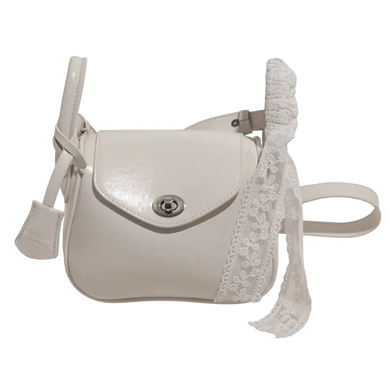 Women's Cream Leather Crossbody Bag with Lace Trim - Image 10