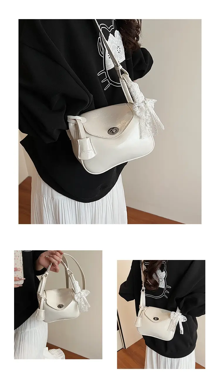 Women's Cream Leather Crossbody Bag with Lace Trim — feature 9