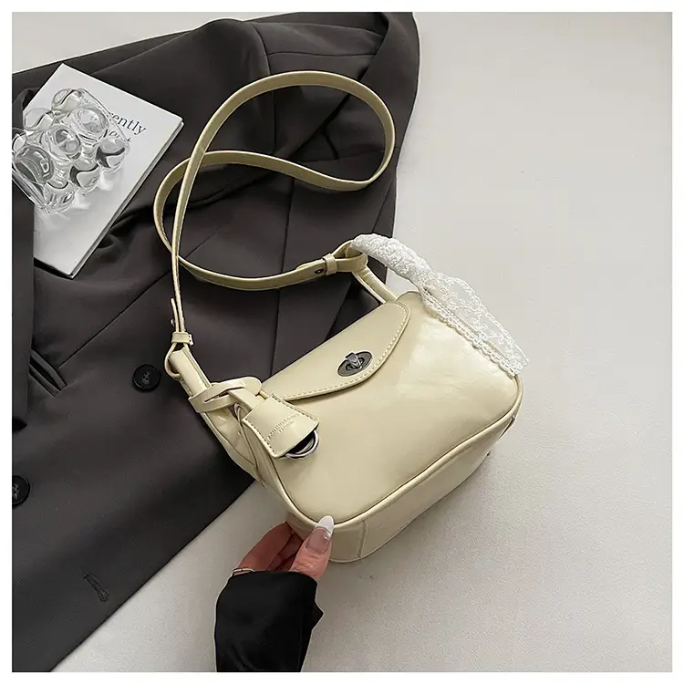 Women's Cream Leather Crossbody Bag with Lace Trim - Image 2