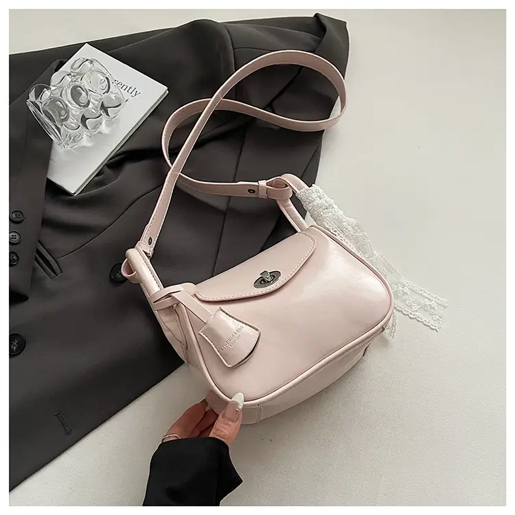 Women's Cream Leather Crossbody Bag with Lace Trim - Image 4