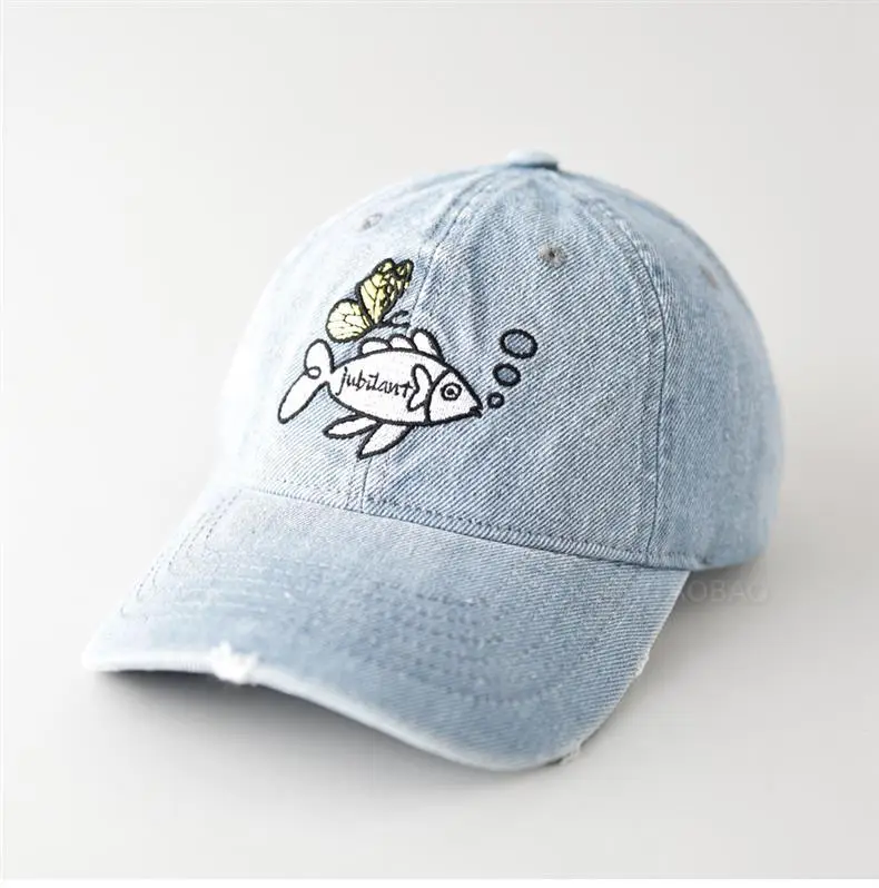 Women Denim Fish Cap Light Blue Embroidered — feature 3