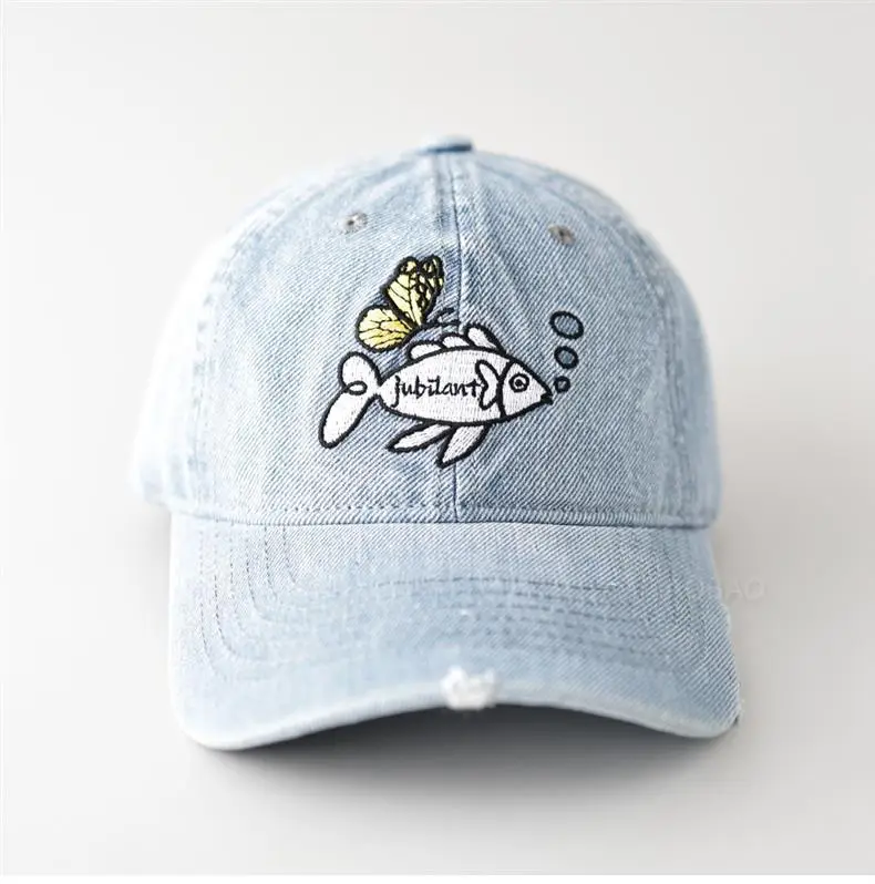 Women Denim Fish Cap Light Blue Embroidered — feature 4