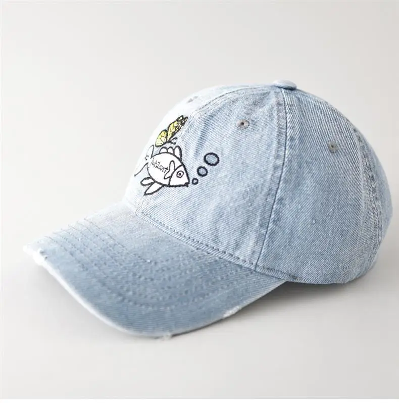 Women Denim Fish Cap Light Blue Embroidered — feature 5
