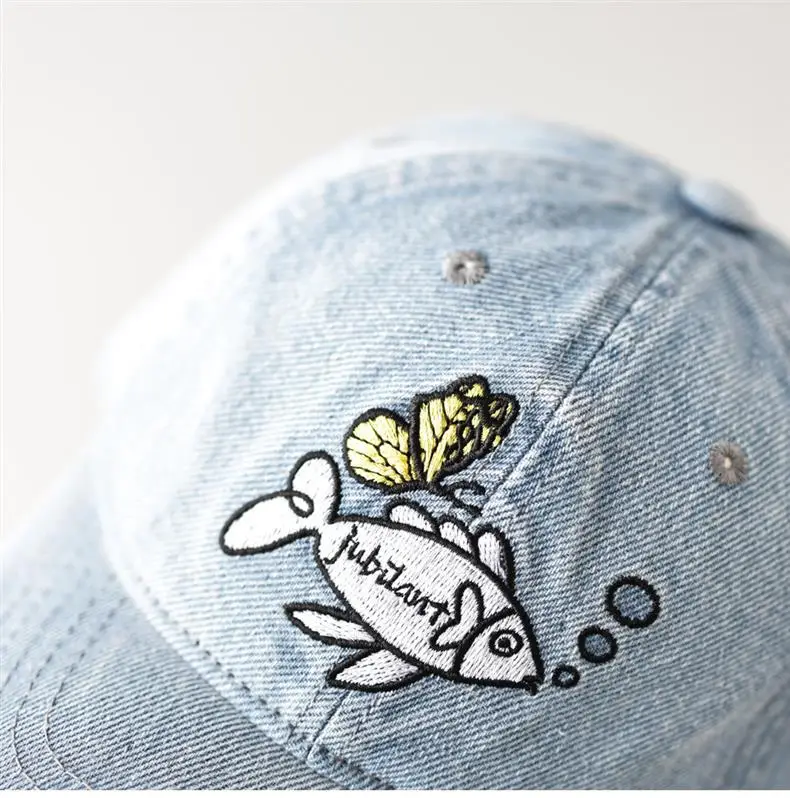 Women Denim Fish Cap Light Blue Embroidered — feature 6