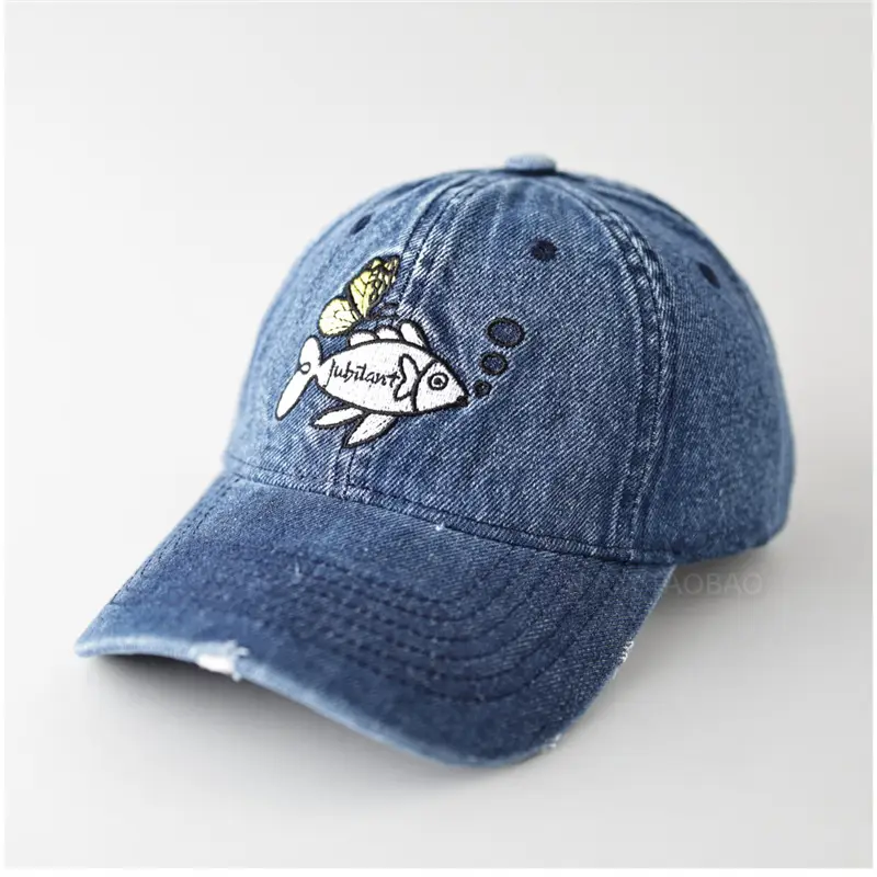 Women Denim Fish Cap Light Blue Embroidered - Image 2