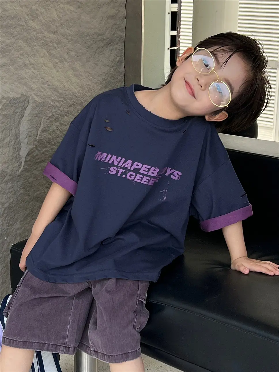 2026 Boys T-Shirt Navy Purple Retro Two Tone