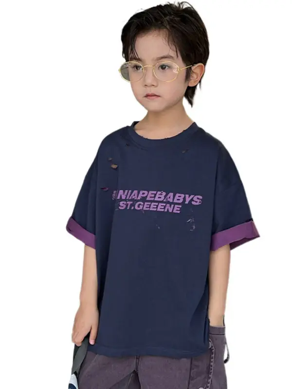 2026 Boys T-Shirt Navy Purple Retro Two Tone