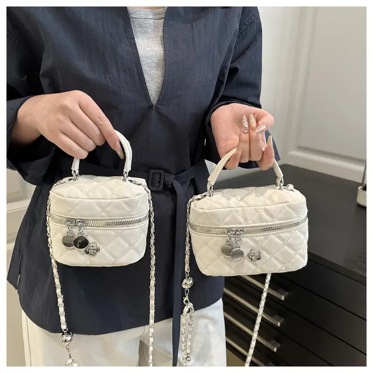 Quilted White Lady's Cosmetic Handbag with Chain Strap — feature 19