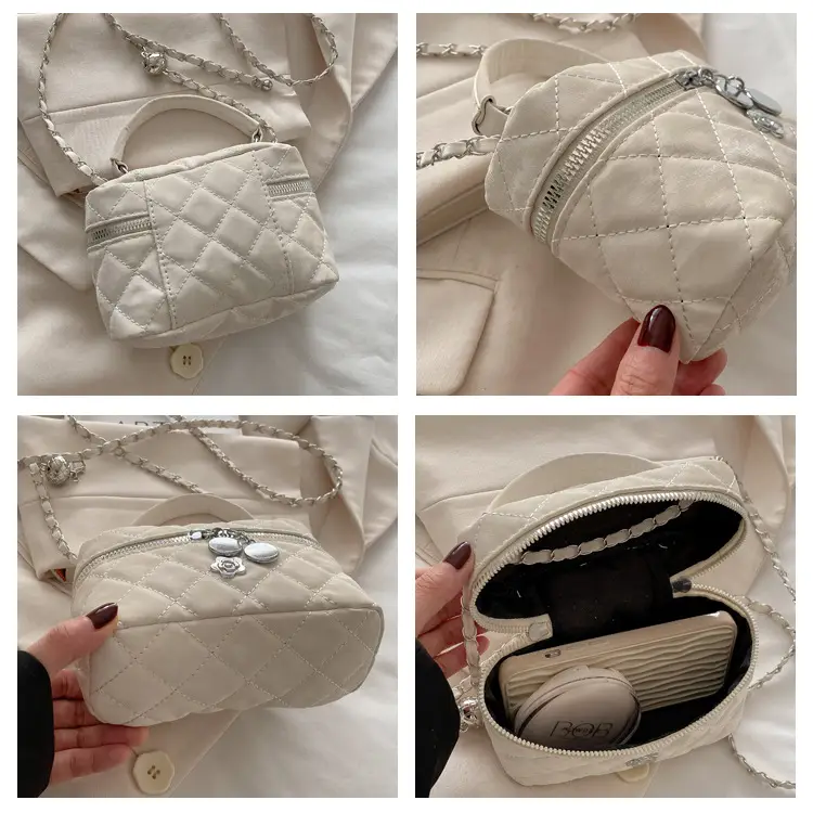 Quilted White Lady's Cosmetic Handbag with Chain Strap — feature 7