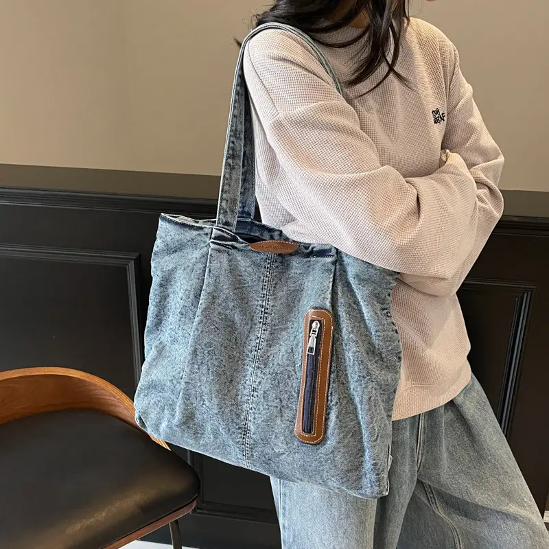 Large Capacity Casual Denim Tote Bag for College Women - Image 3