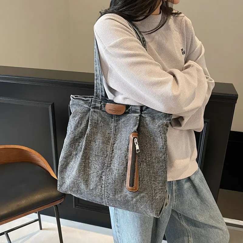 Large Capacity Casual Denim Tote Bag for College Women - Image 4