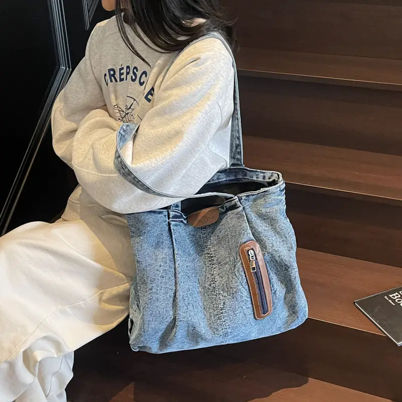 Large Capacity Casual Denim Tote Bag for College Women - Image 5