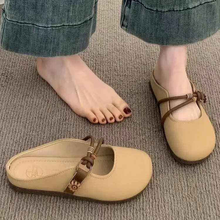 Baotou Half Slippers for Women's Summer Outer Wear 2025 New Super Popular Flats-Soled Slip-On Lazy Half-Cup French Sandals