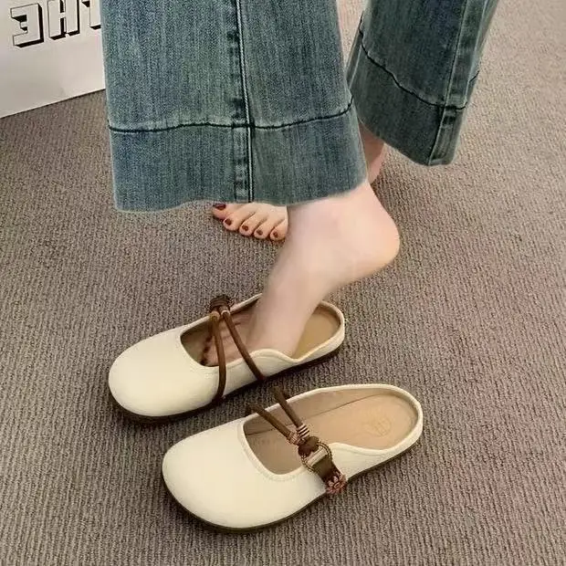 Baotou Half Slippers for Women's Summer Outer Wear 2025 New Super Popular Flats-Soled Slip-On Lazy Half-Cup French Sandals