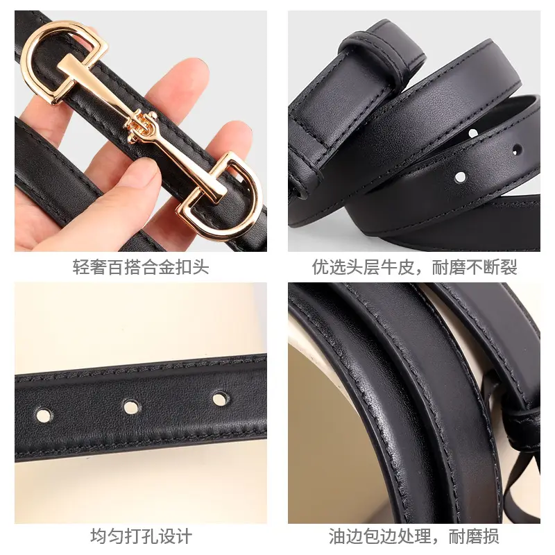 2025 New Style Black Cowhide Women's Belt with Gold Buckle - Image 6