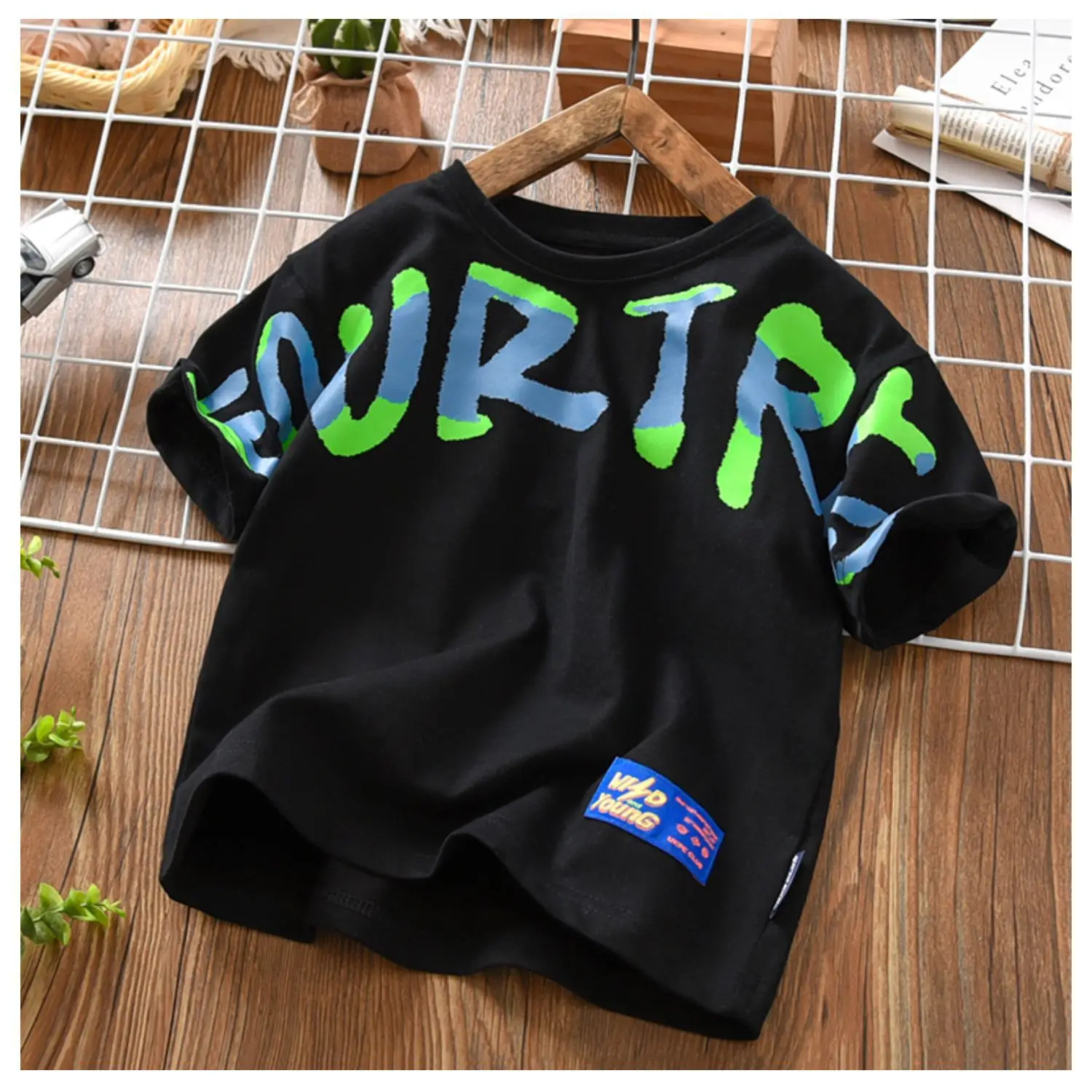 Boys Round Neck Letter Print T-Shirt Black Summer 2026 — feature 13