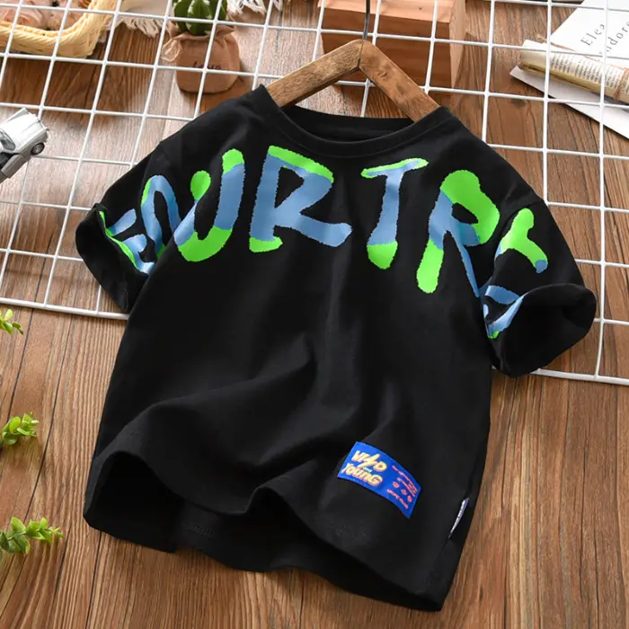 Boys Round Neck Letter Print T-Shirt Black Summer 2026 - Image 3