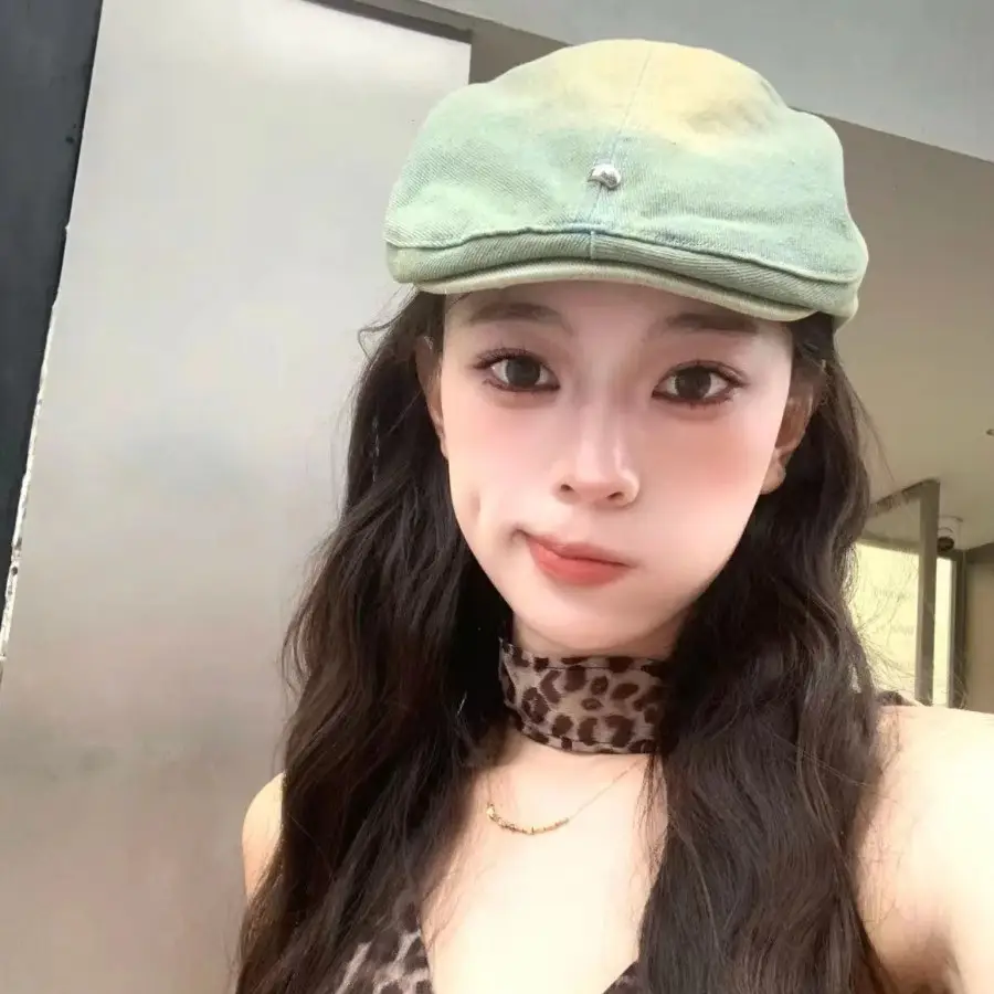 Vintage Wash Denim Rivet Beret Women's Cap - Image 4