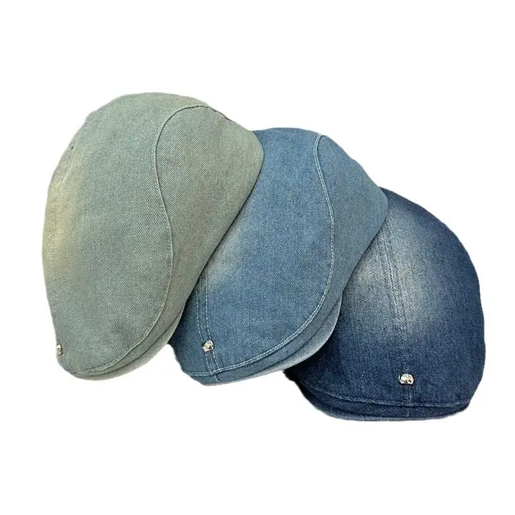 Vintage Wash Denim Rivet Beret Women's Cap - Image 8