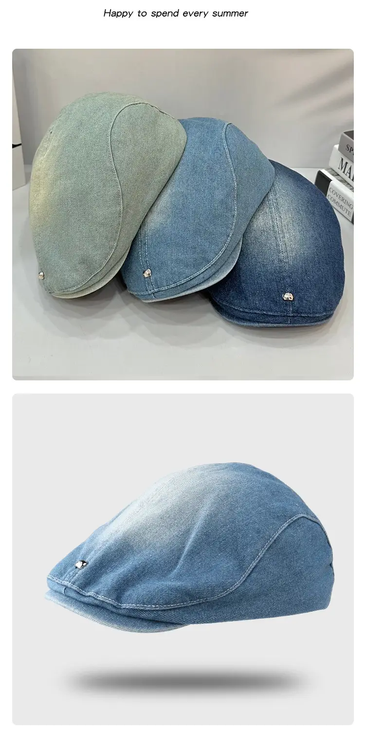Vintage Wash Denim Rivet Beret Women's Cap — feature 10