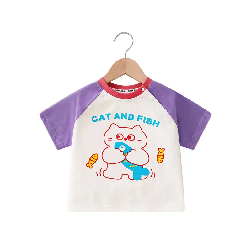 Kids Cat & Fish T-Shirt Purple White Short Sleeve 2025