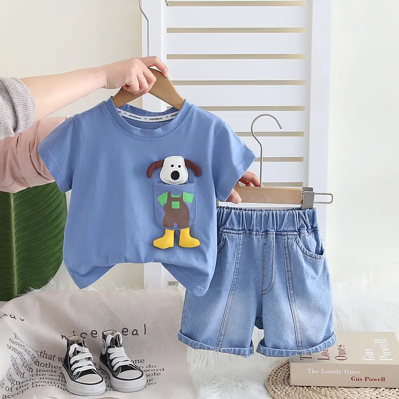 Kids Dog Print 2Pc Summer Suit Blue White Shorts - Image 2