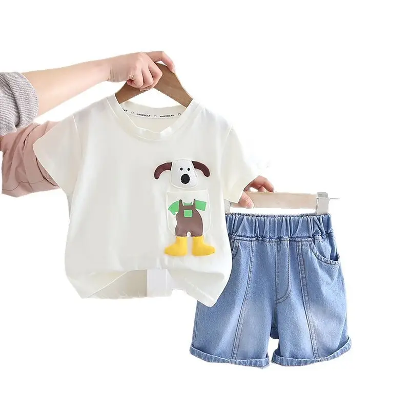 Kids Dog Print 2Pc Summer Suit Blue White Shorts - Image 5