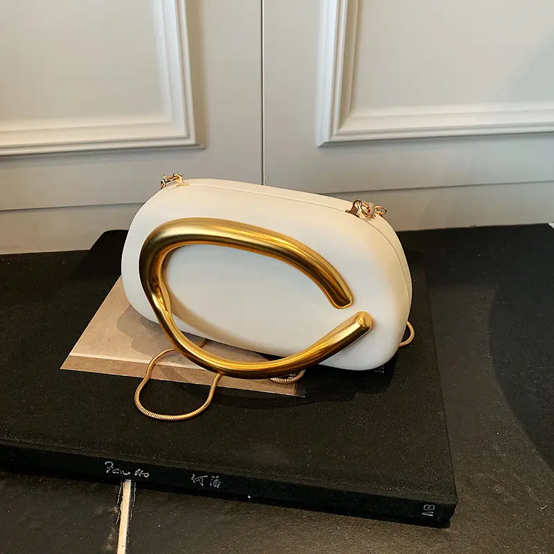 White Gold Handle Crossbody Bag Mini Evening Bag - Image 6