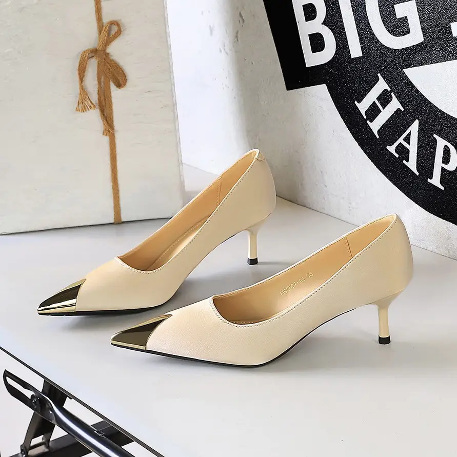 Women Pointed Heels Black Gold Tip Elegant Slip-On - Image 8