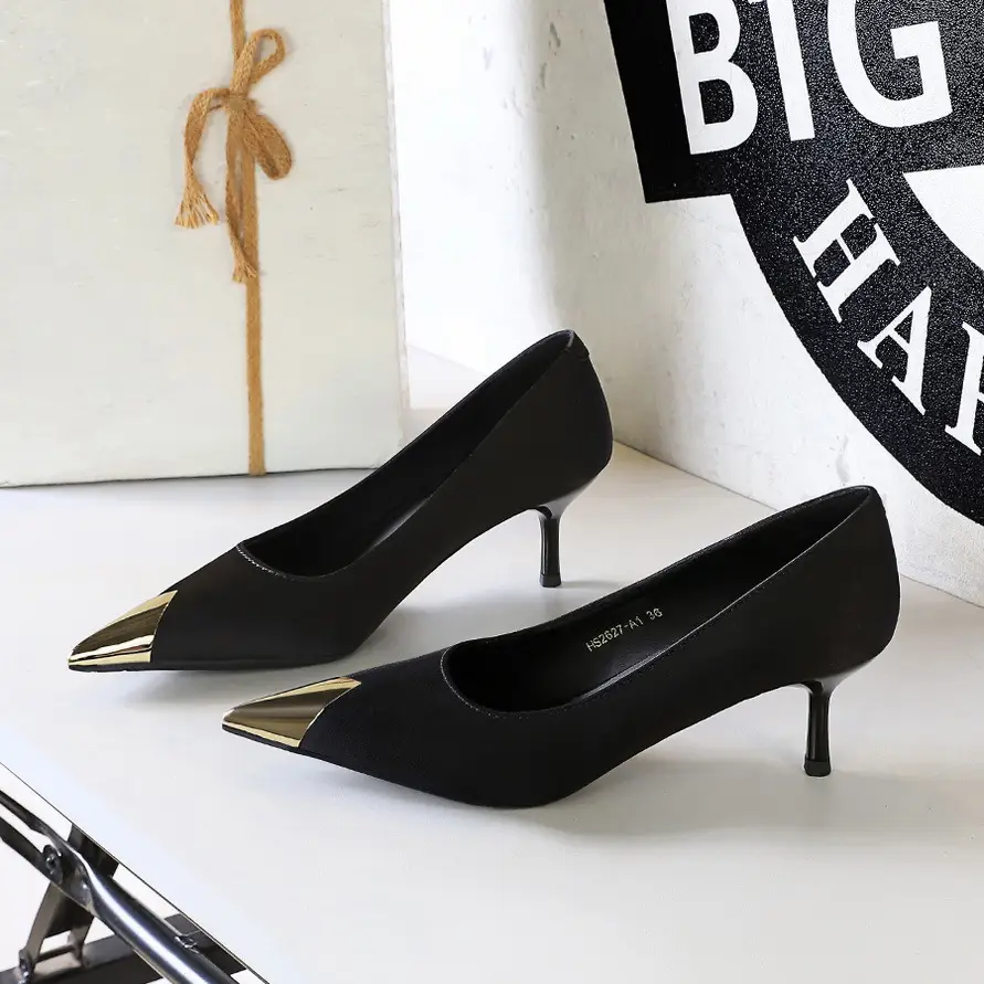 Women Pointed Heels Black Gold Tip Elegant Slip-On - Image 10