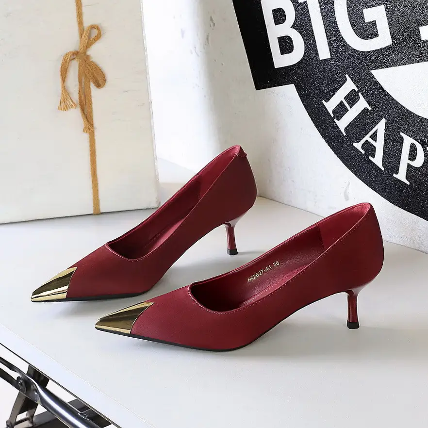 Women Pointed Heels Black Gold Tip Elegant Slip-On - Image 2