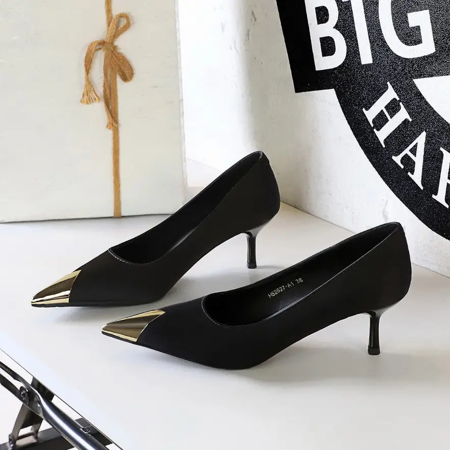 Women Pointed Heels Black Gold Tip Elegant Slip-On - Image 3