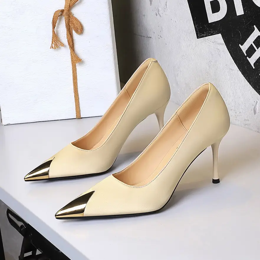 Women Pointed Heels Black Gold Tip Elegant Slip-On - Image 4
