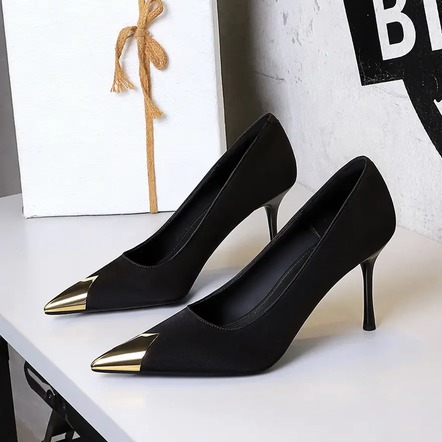 Women Pointed Heels Black Gold Tip Elegant Slip-On - Image 6