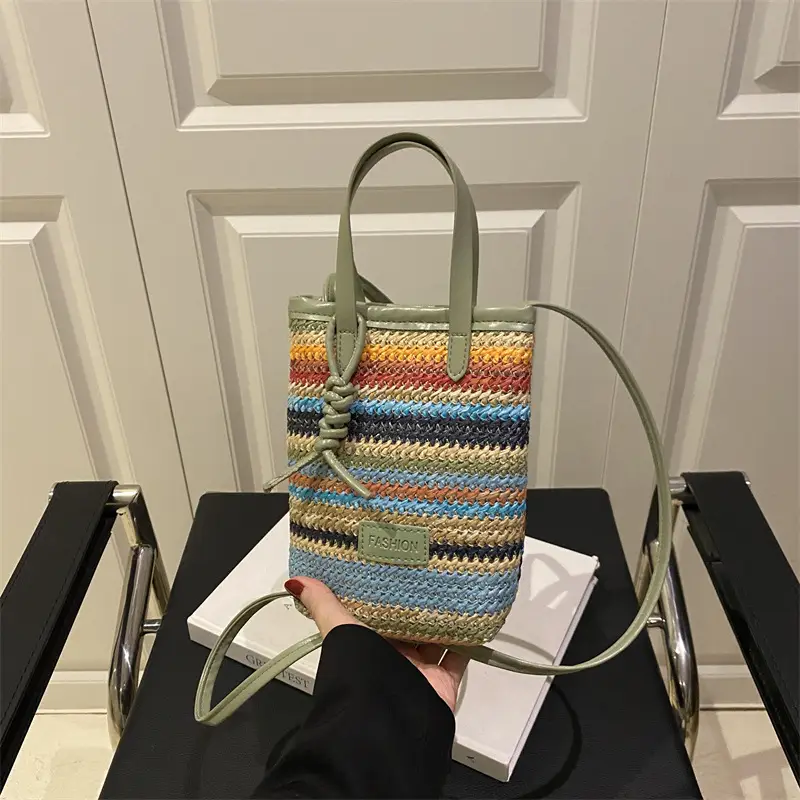 Color Striped Women's Woven Phone Bag Shoulder Crossbody - Image 5
