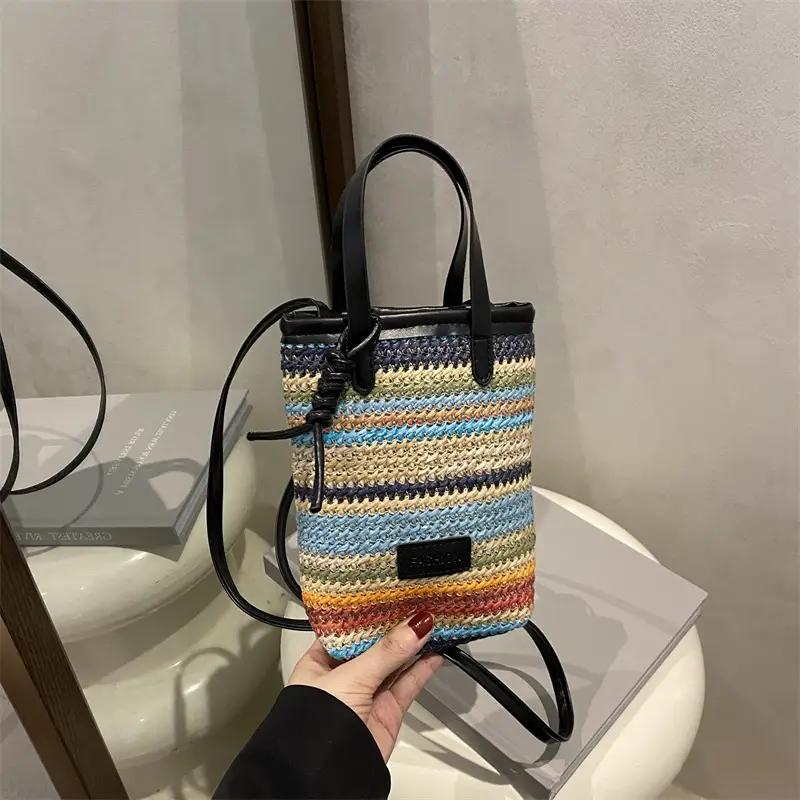 Color Striped Women's Woven Phone Bag Shoulder Crossbody - Image 6