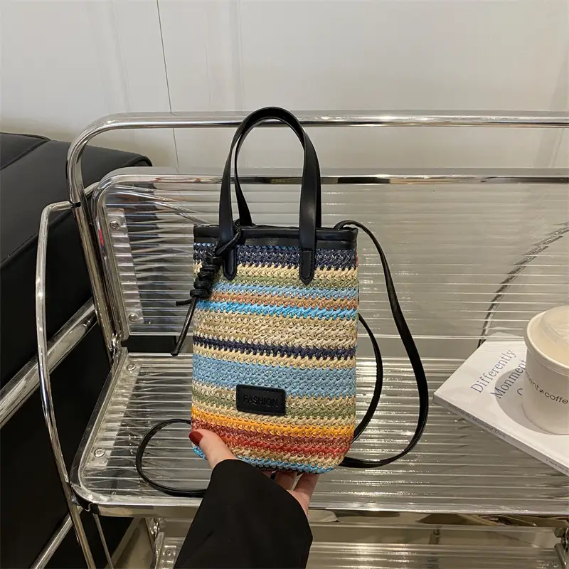 Color Striped Women's Woven Phone Bag Shoulder Crossbody - Image 7