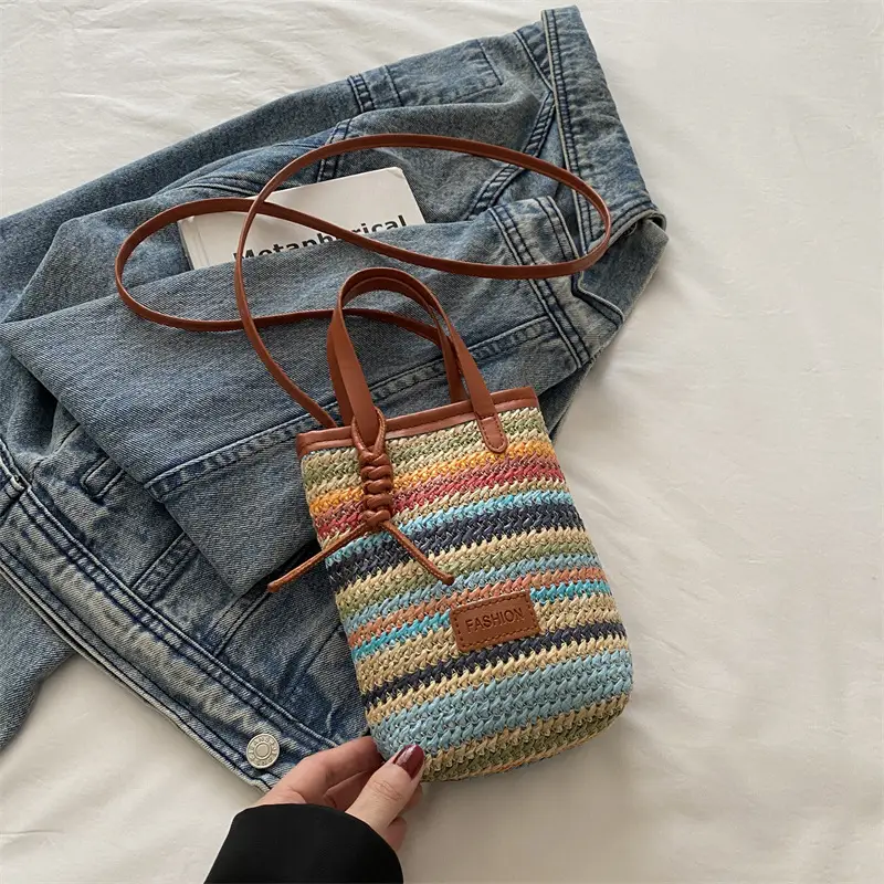 Color Striped Women's Woven Phone Bag Shoulder Crossbody - Image 2