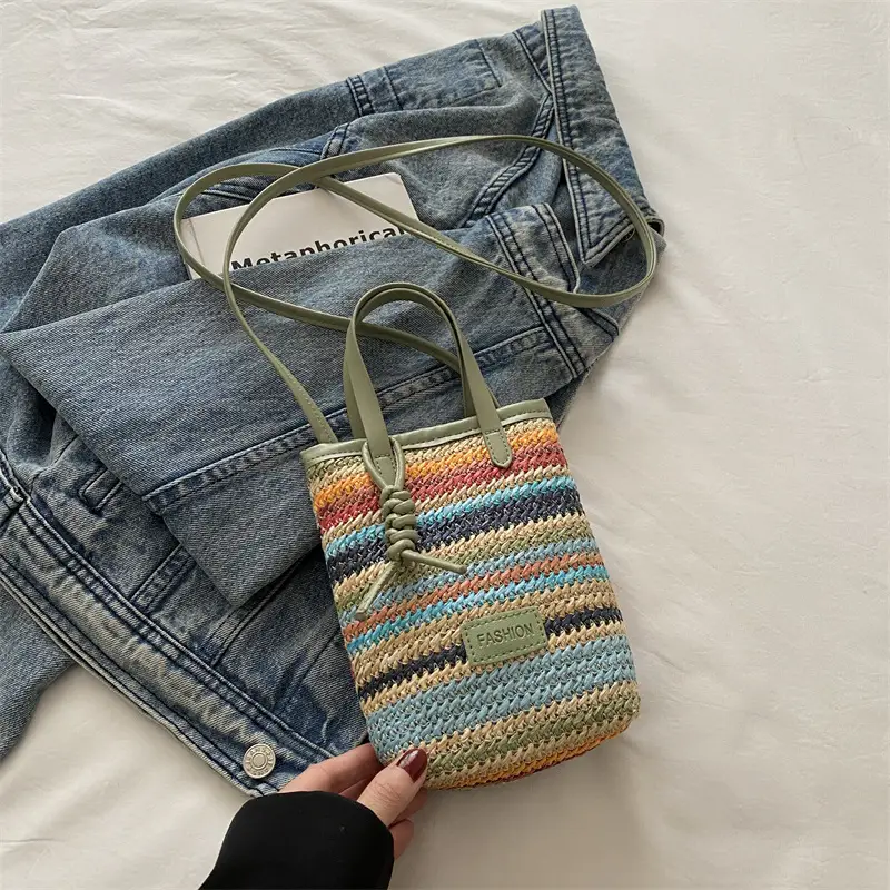 Color Striped Women's Woven Phone Bag Shoulder Crossbody - Image 3