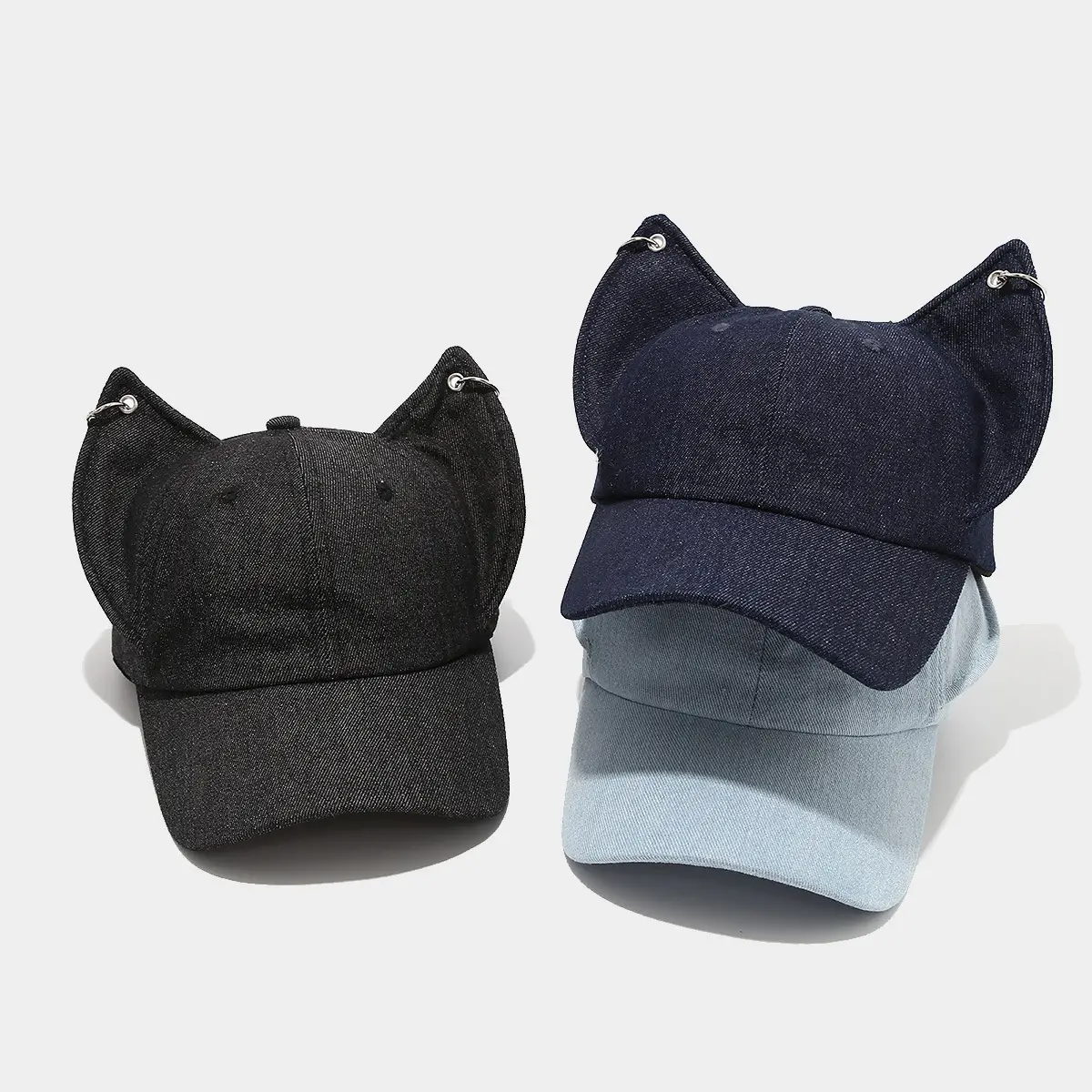 Distressed Denim Dog Ears Baseball Cap Navy Blue - Image 5