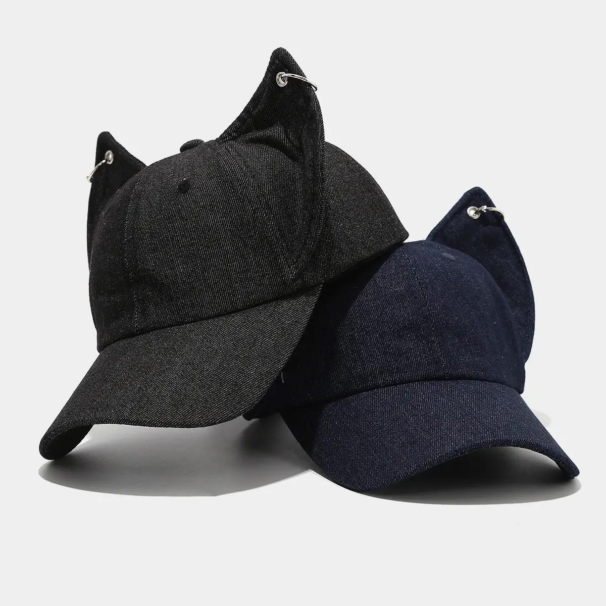 Distressed Denim Dog Ears Baseball Cap Navy Blue - Image 6