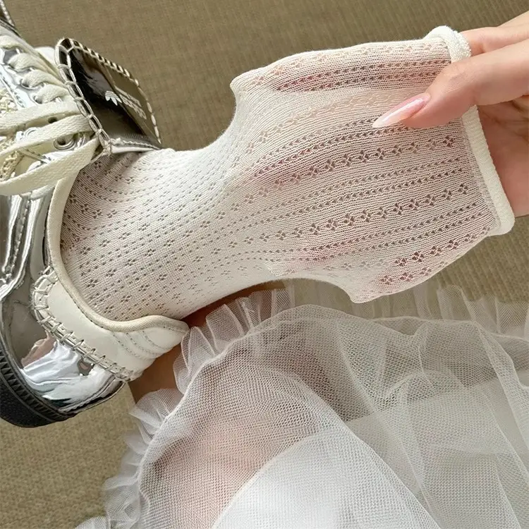 Curled Stacking Socks Children's Stockings Ins Trendy Pure Cotton Spring and Autumn Japanese Style Jk Hollow Mesh Solid Color Summer Mid-length Socks