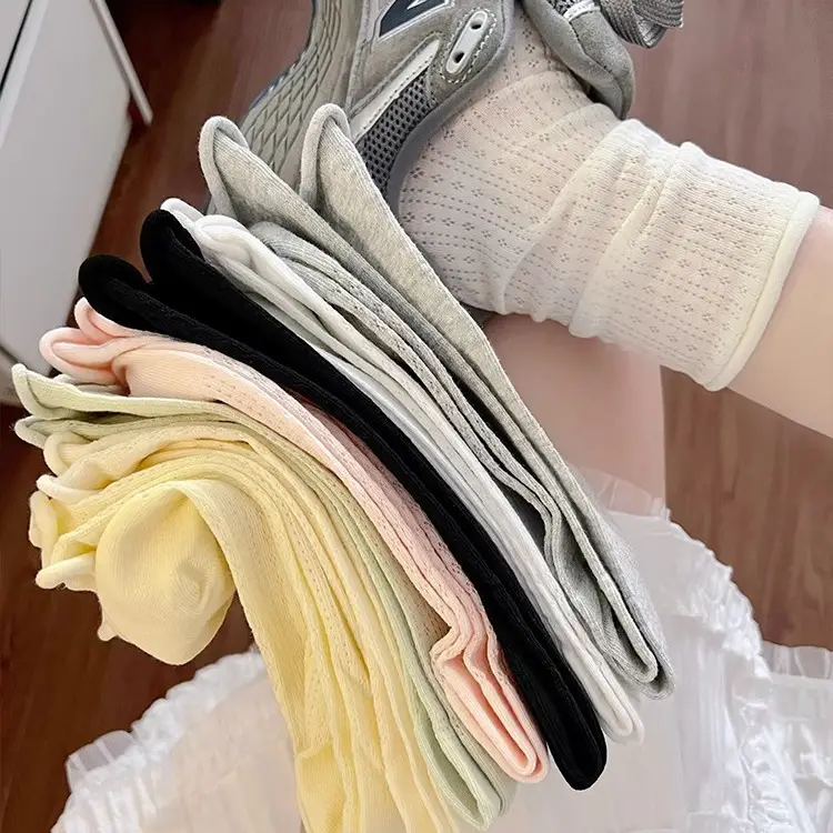 Curled Stacking Socks Children's Stockings Ins Trendy Pure Cotton Spring and Autumn Japanese Style Jk Hollow Mesh Solid Color Summer Mid-length Socks